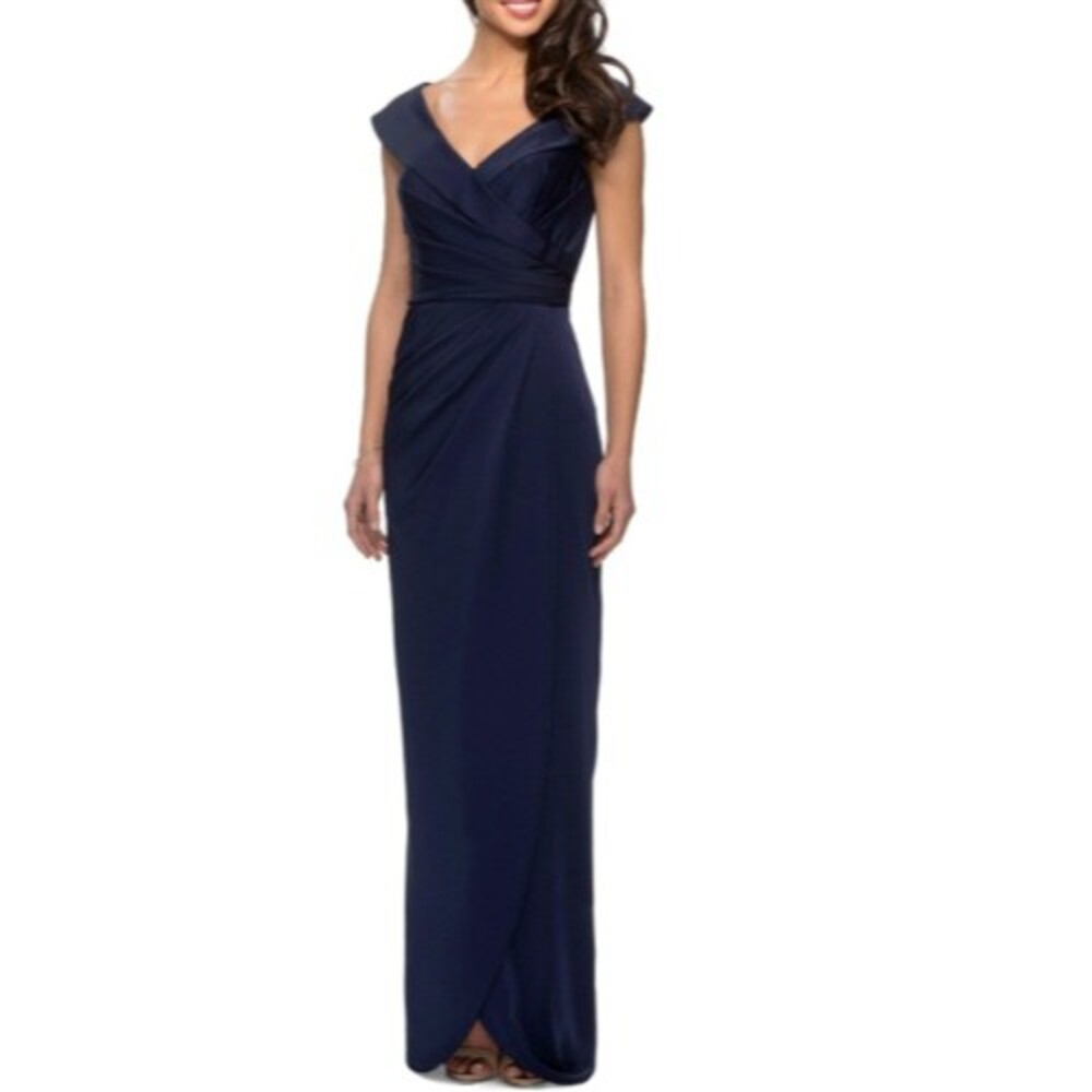 La Femme Surplice Off the Shoulder Column Gown Size 20 Navy Blue NWT B61